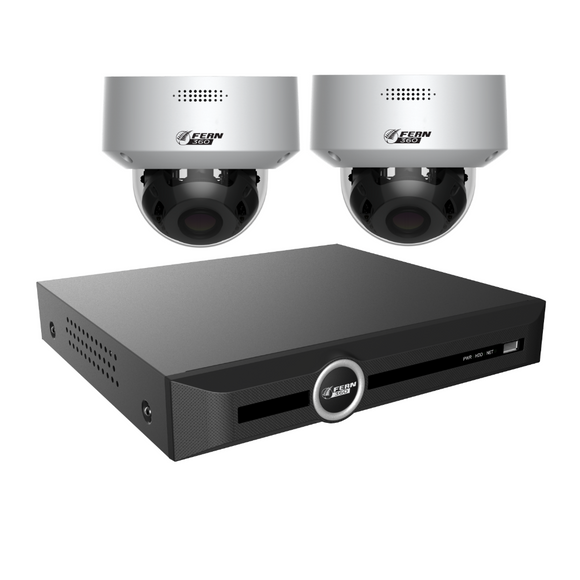 FERN360 Surveillance Kit - 2 Motorised Lens Starlight 5MP Vandal Dome Cameras and 10ch 1TB Network Video Recorder